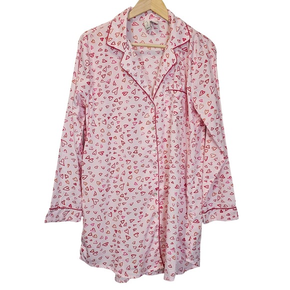 Joie Hearts Pink Red Button Front PJ Lounge Sleep Shirt Pajama Size Large - Picture 1 of 7